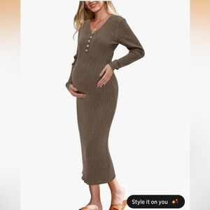 Maternity Brown Ribbed Knit Dress